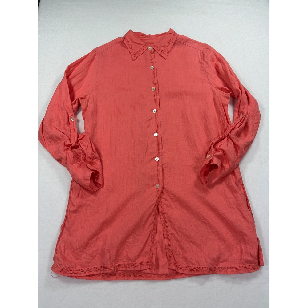 Valerie Stevens Womens Coral 100% Linen Eyelet Trim Button Down Tunic Shirt M